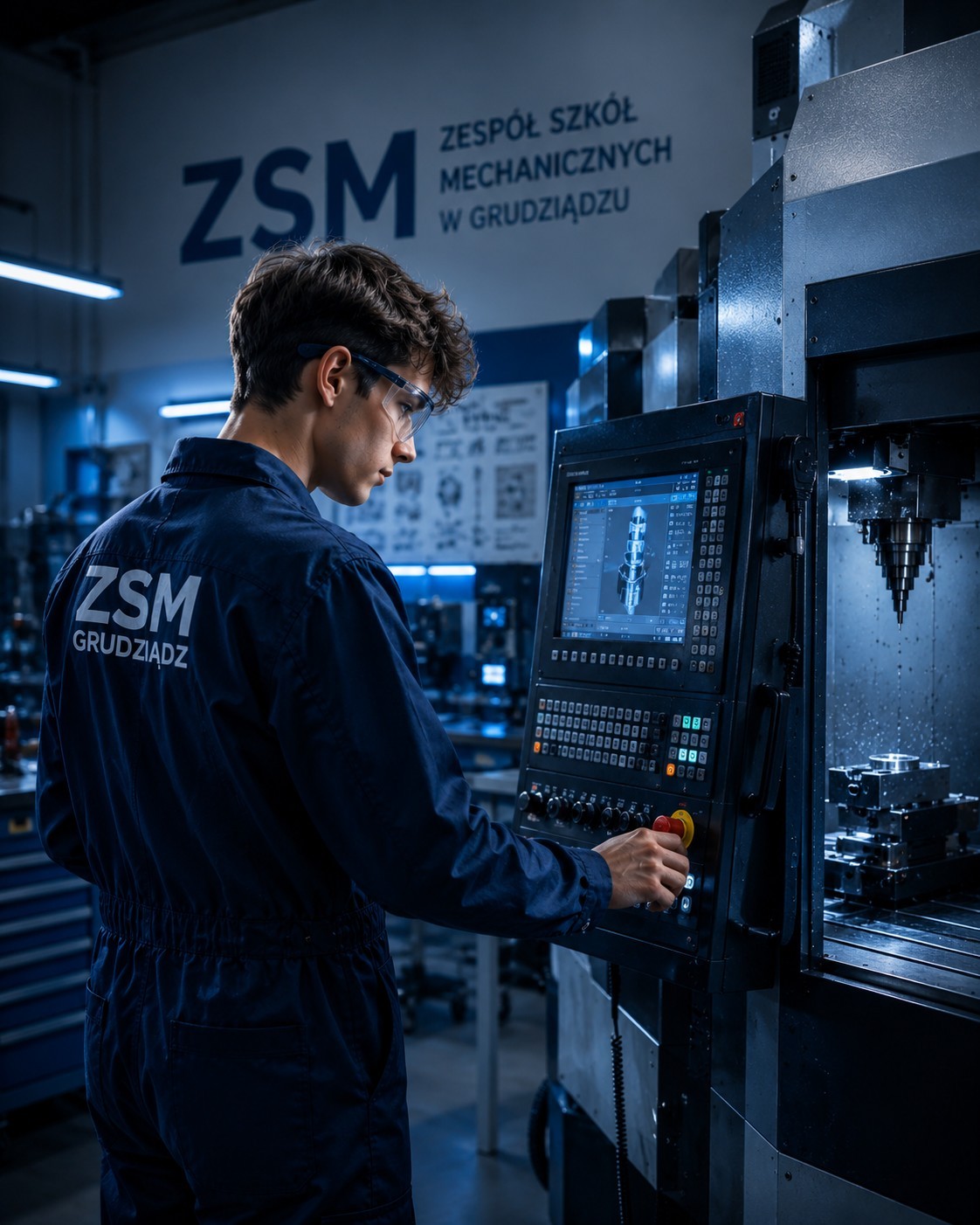 Uczeń ZSM przy nowoczesnej obrabiarce technicznej